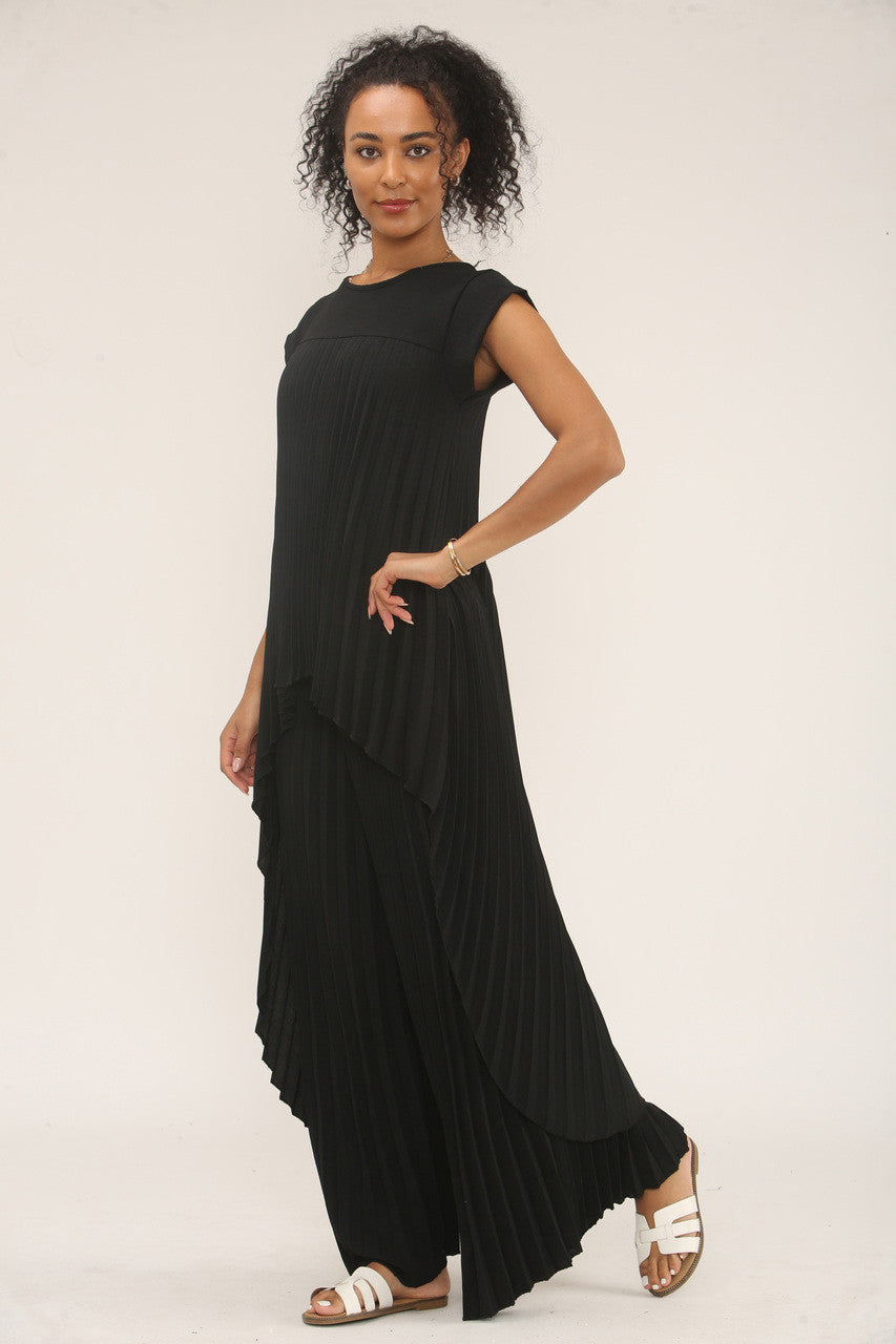 GEPLOOIDE CO-ORD SET TOP & WIDE-LEG BROEK - ZWART