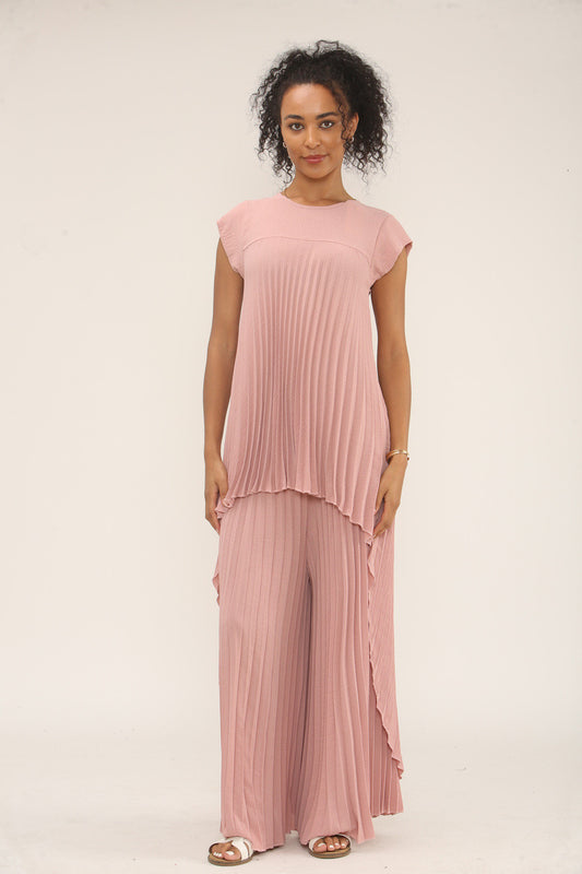 PLEATED CO-ORD SET TOP & WIDE-LEG PANTS - DUSTY PINK