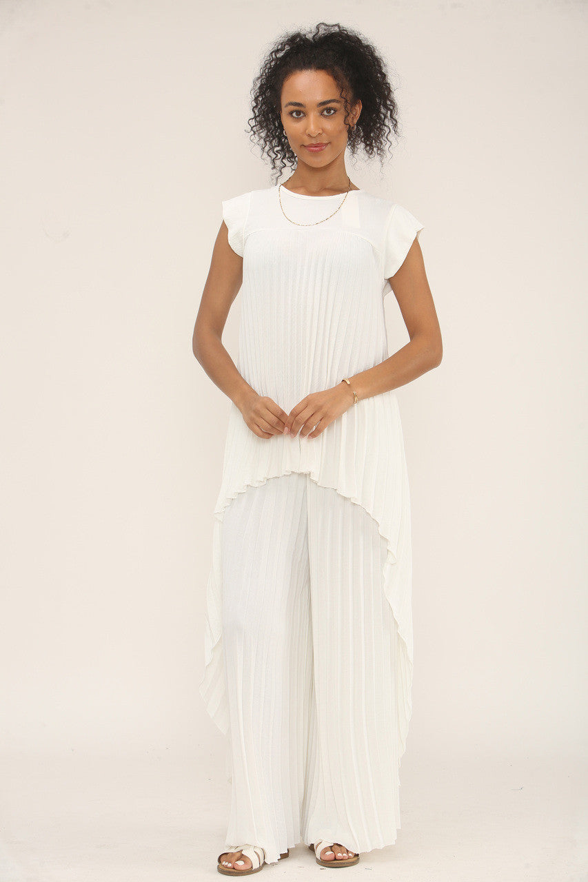 GEPLOOIDE CO-ORD SET TOP & WIDE-LEG BROEK - CRÈME