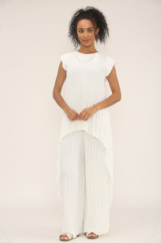 GEPLOOIDE CO-ORD SET TOP & WIDE-LEG BROEK - CRÈME