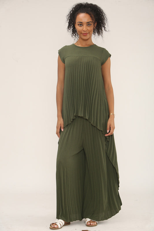 PLEATED CO-ORD SET TOP & WIDE-LEG PANTS - KHAKI