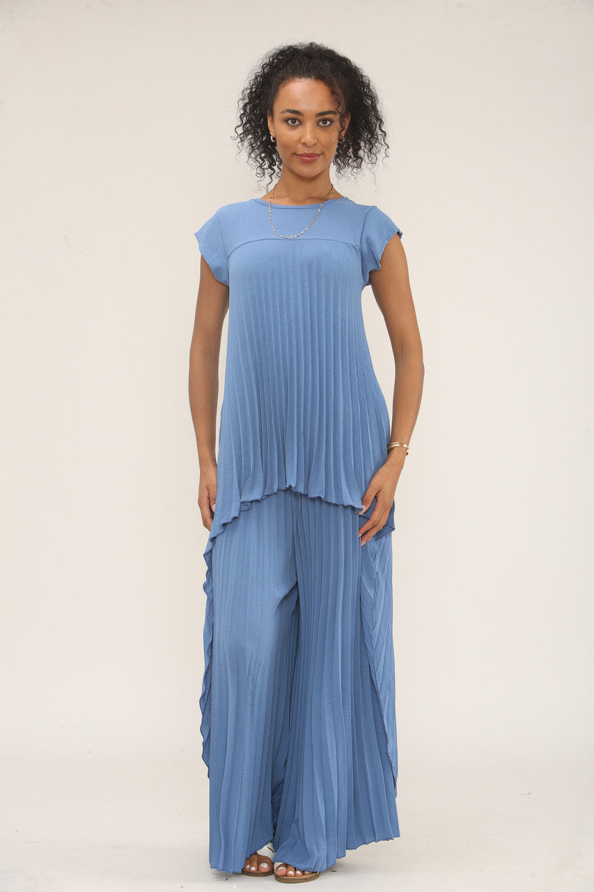 GEPLOOIDE CO-ORD SET TOP & WIDE-LEG BROEK - DENIM
