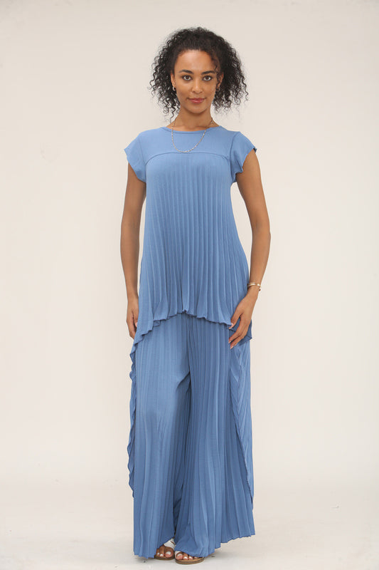 GEPLOOIDE CO-ORD SET TOP & WIDE-LEG BROEK - DENIM