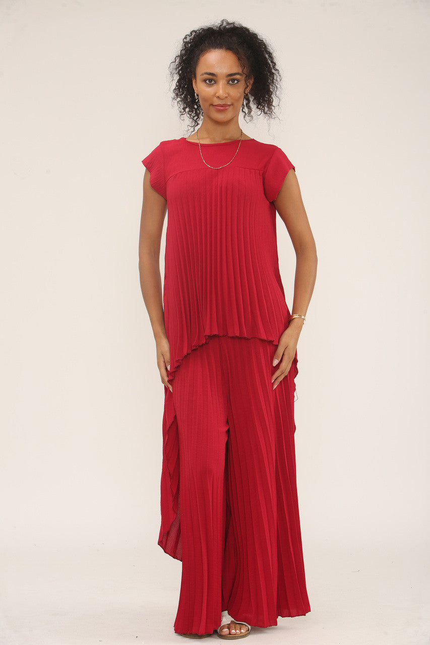 GEPLOOIDE CO-ORD SET TOP & BROEK MET BREDE PIJPEN - ROOD