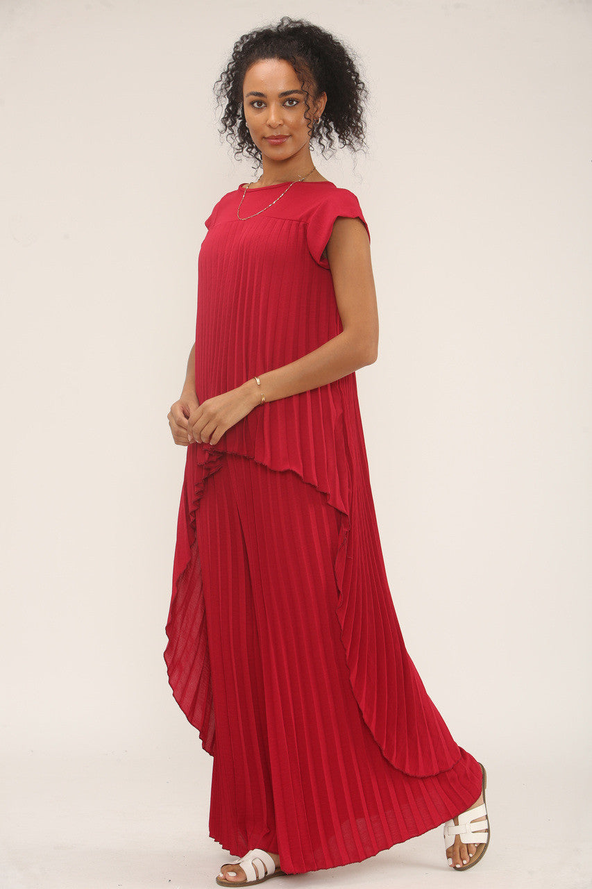 GEPLOOIDE CO-ORD SET TOP & BROEK MET BREDE PIJPEN - ROOD