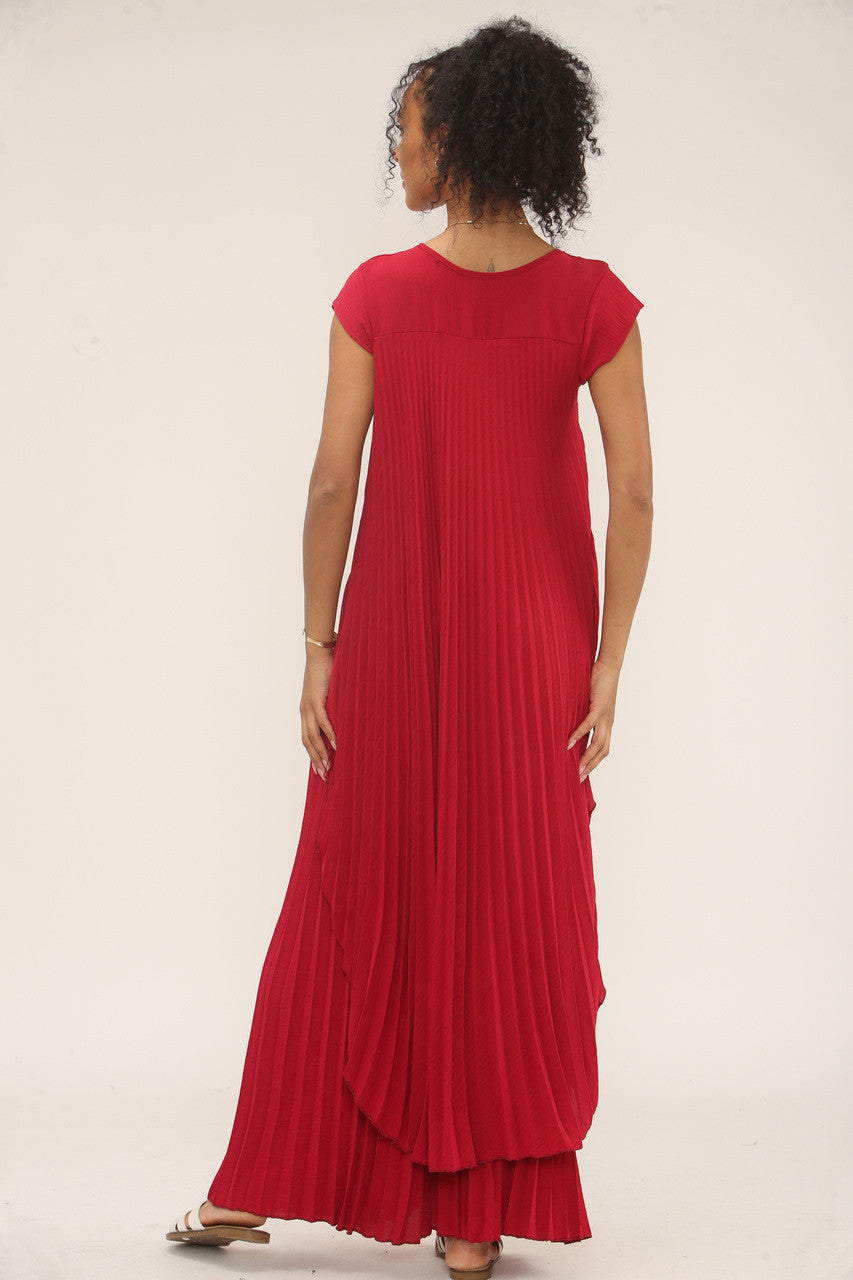 GEPLOOIDE CO-ORD SET TOP & BROEK MET BREDE PIJPEN - ROOD