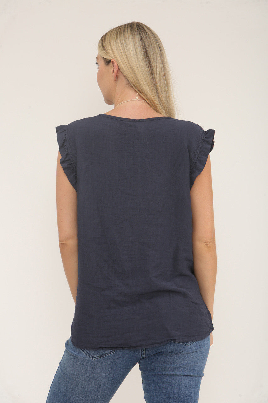 TOP MET STRUCTUUR EN RUFFLE MOUWEN - MARINEBLAUW