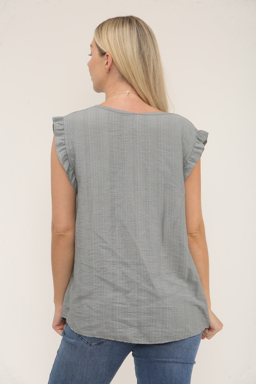 TOP MET RUFFLE MOUWEN EN TEXTUUR - STAALGRIJS