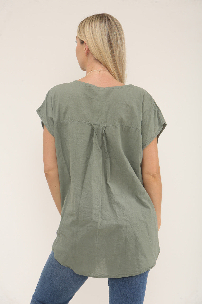 FLOWER EMBROIDERY TEXTURED TOP - KHAKI