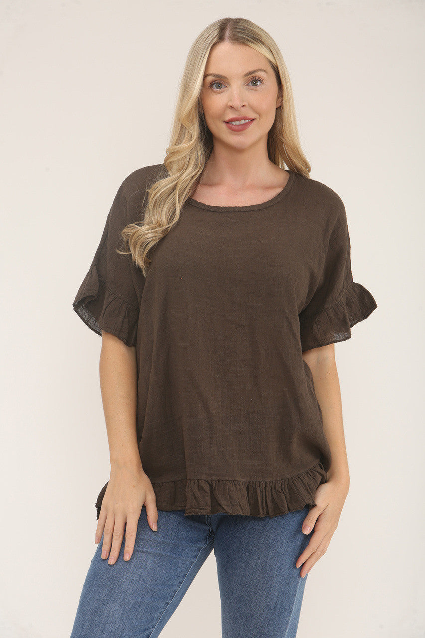 TOP MET RUFFLE MOUWEN & ZOOM EN TEXTUUR - BRUIN