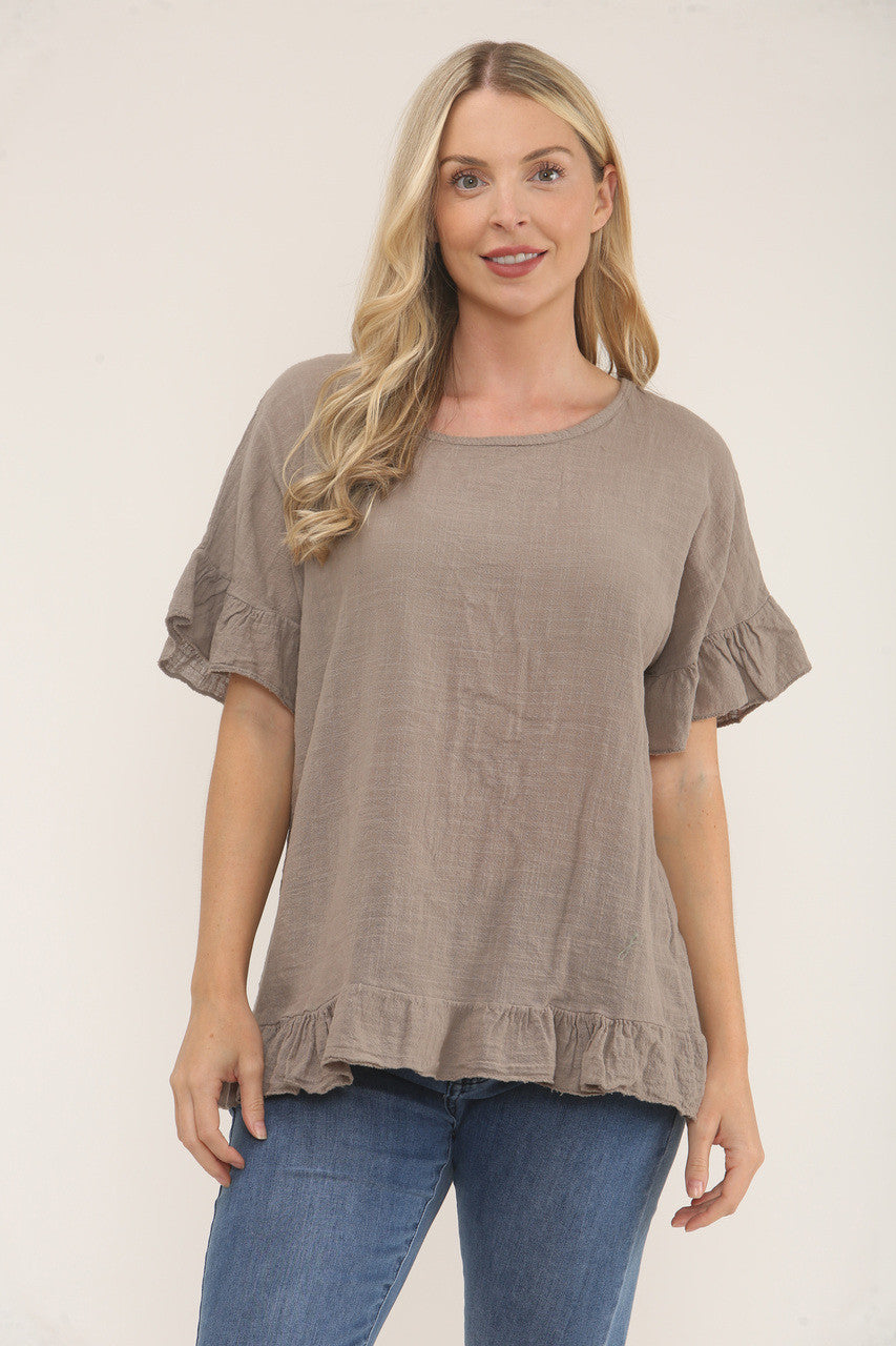 TOP MET RUFFLE MOUW EN ZOOM MET TEXTUUR - TAUPE
