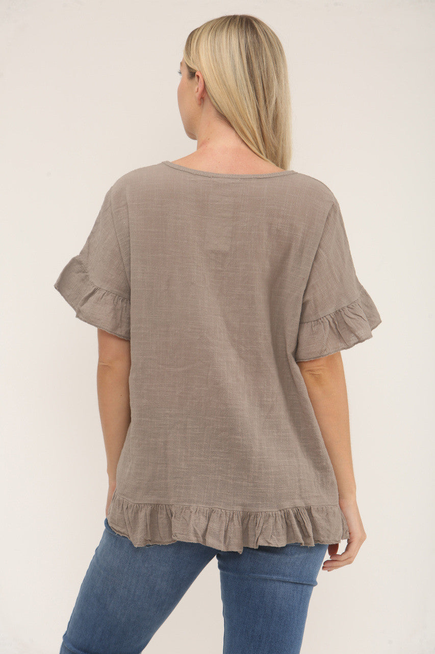 TOP MET RUFFLE MOUW EN ZOOM MET TEXTUUR - TAUPE