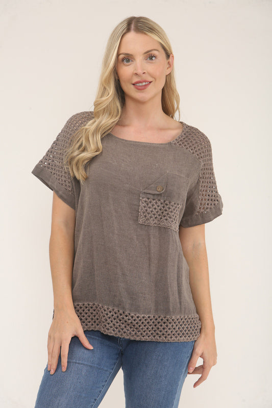 CROCHET DETAIL SHORT SLEEVE TOP - BROWN