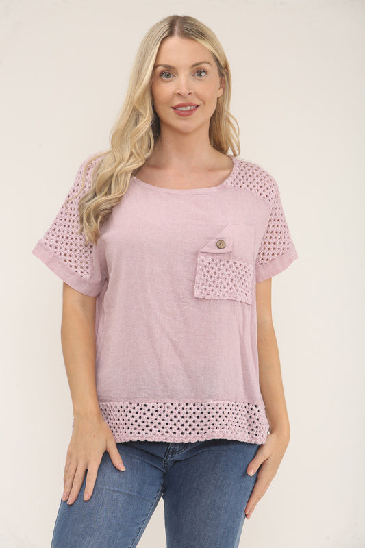 CROCHET DETAIL SHORT SLEEVE TOP - DUSTY PINK