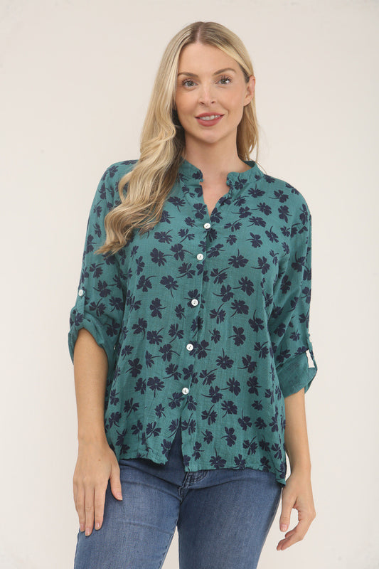 DITSY CLOVER PRINT SHIRT - TEAL