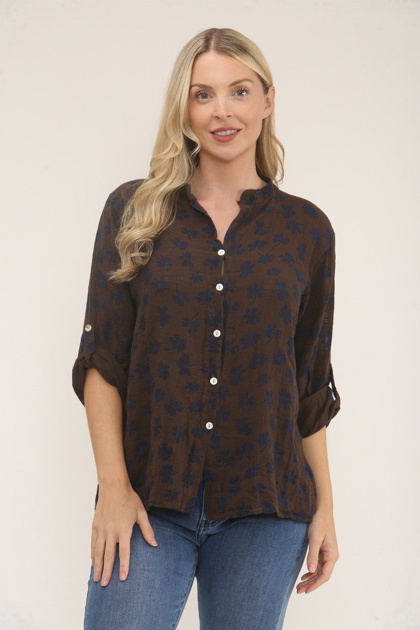 DITSY CLOVER PRINT SHIRT - DARK BROWN