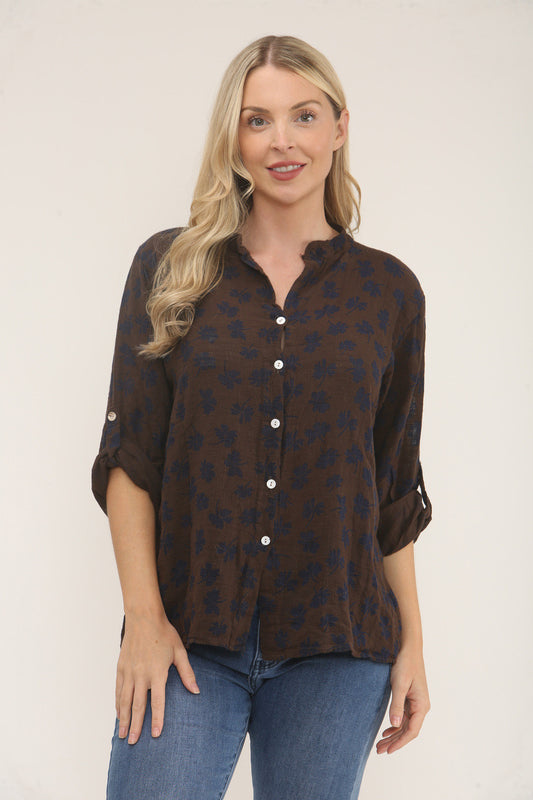 DITSY CLOVER PRINT SHIRT - DARK BROWN
