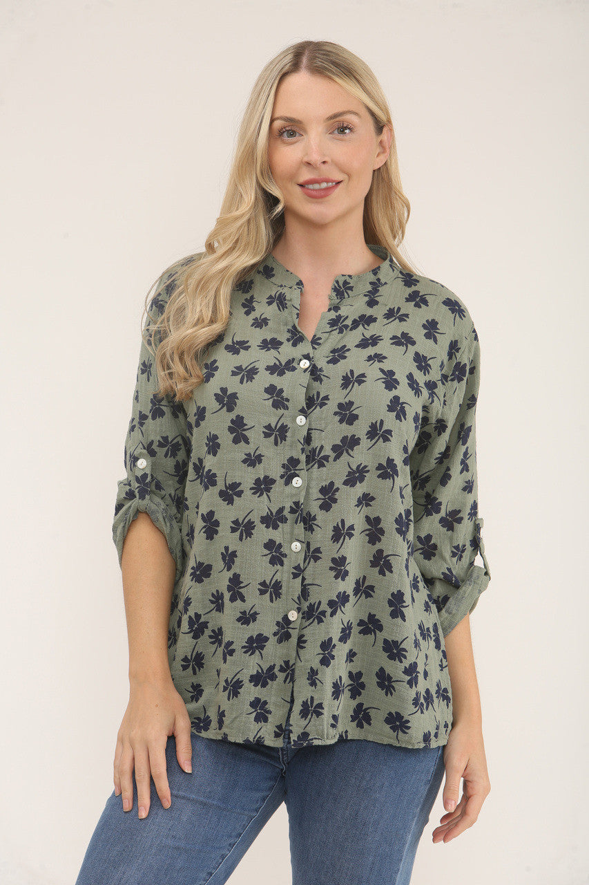 DITSY CLOVER PRINT SHIRT - KHAKI