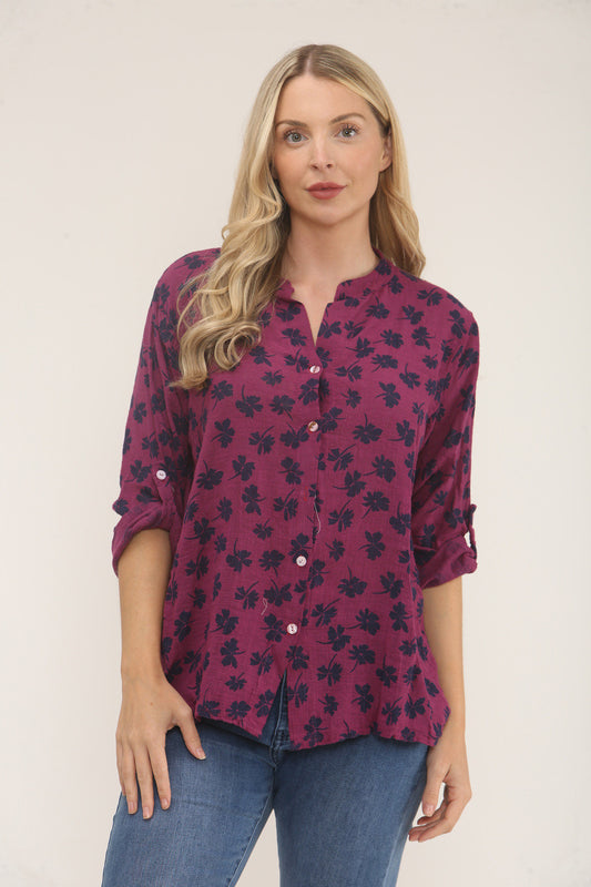 DITSY CLOVER PRINT SHIRT - PURPLE