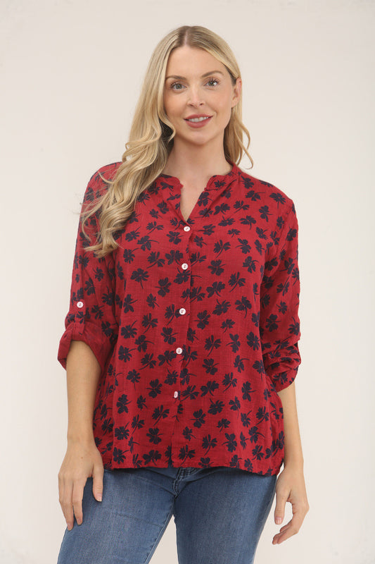 DITSY CLOVER PRINT SHIRT - BURGUNDY