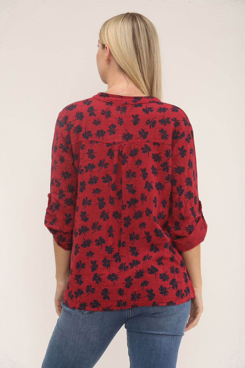 DITSY CLOVER PRINT SHIRT - BURGUNDY