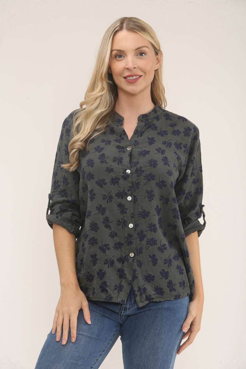 BLOUSE MET BLOEMENPRINT EN TREFOOLS – ANTRACIETGRIJS