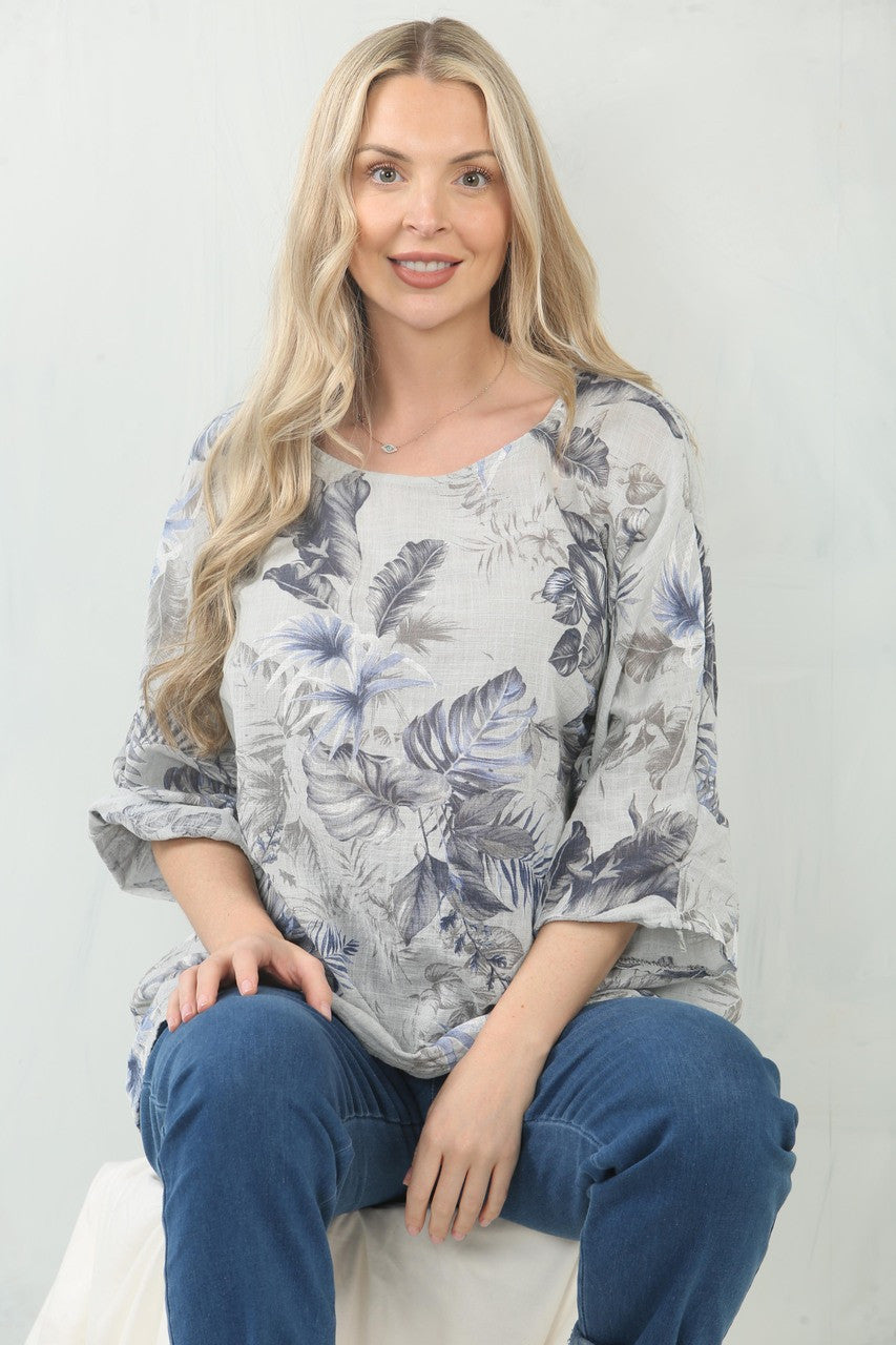 LEAF MIX PRINT TOP  - GREY