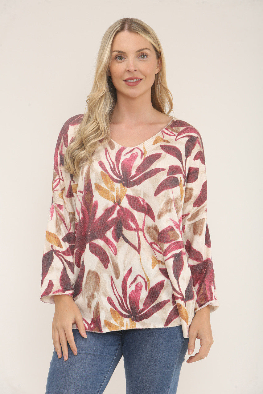 TOP MET BLADERPRINT - BORDEAUXROOD