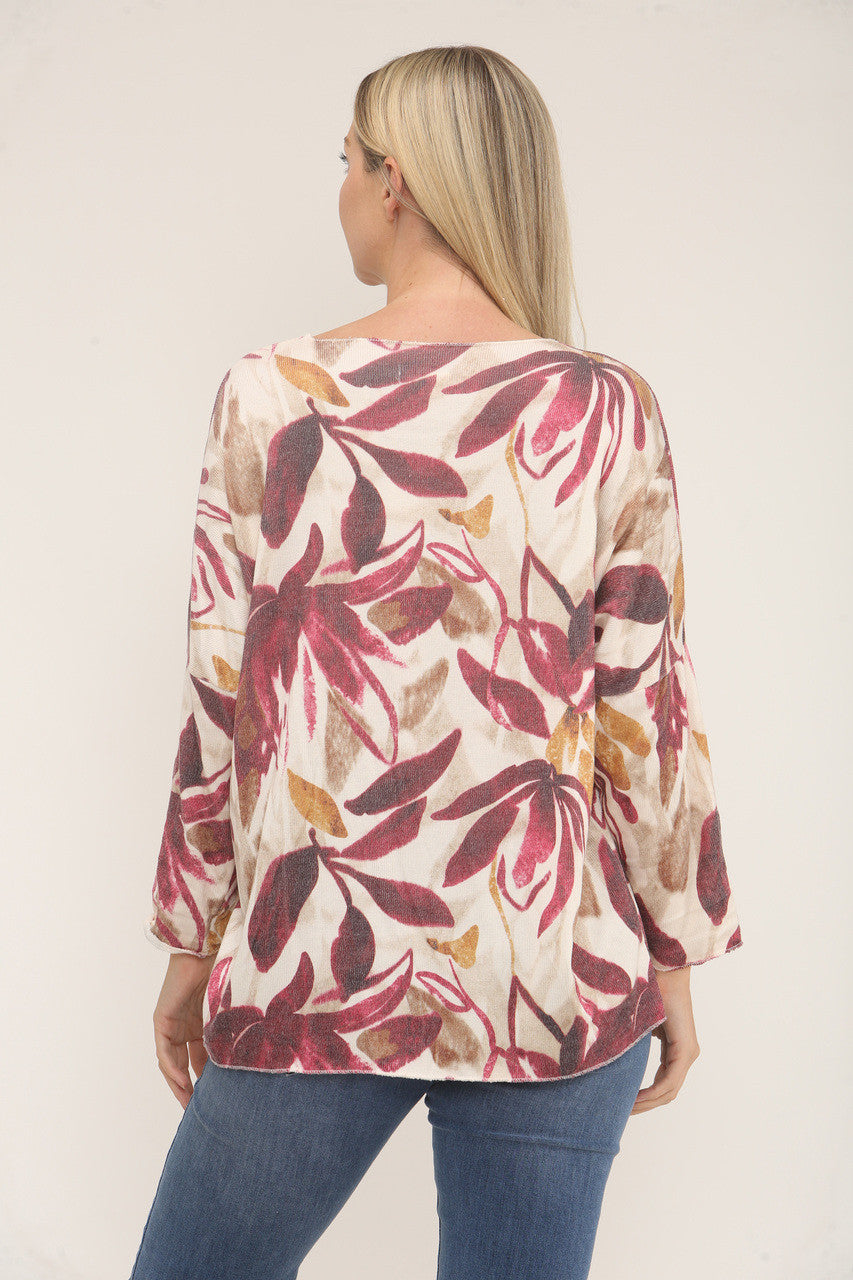 TOP MET BLADERPRINT - BORDEAUXROOD
