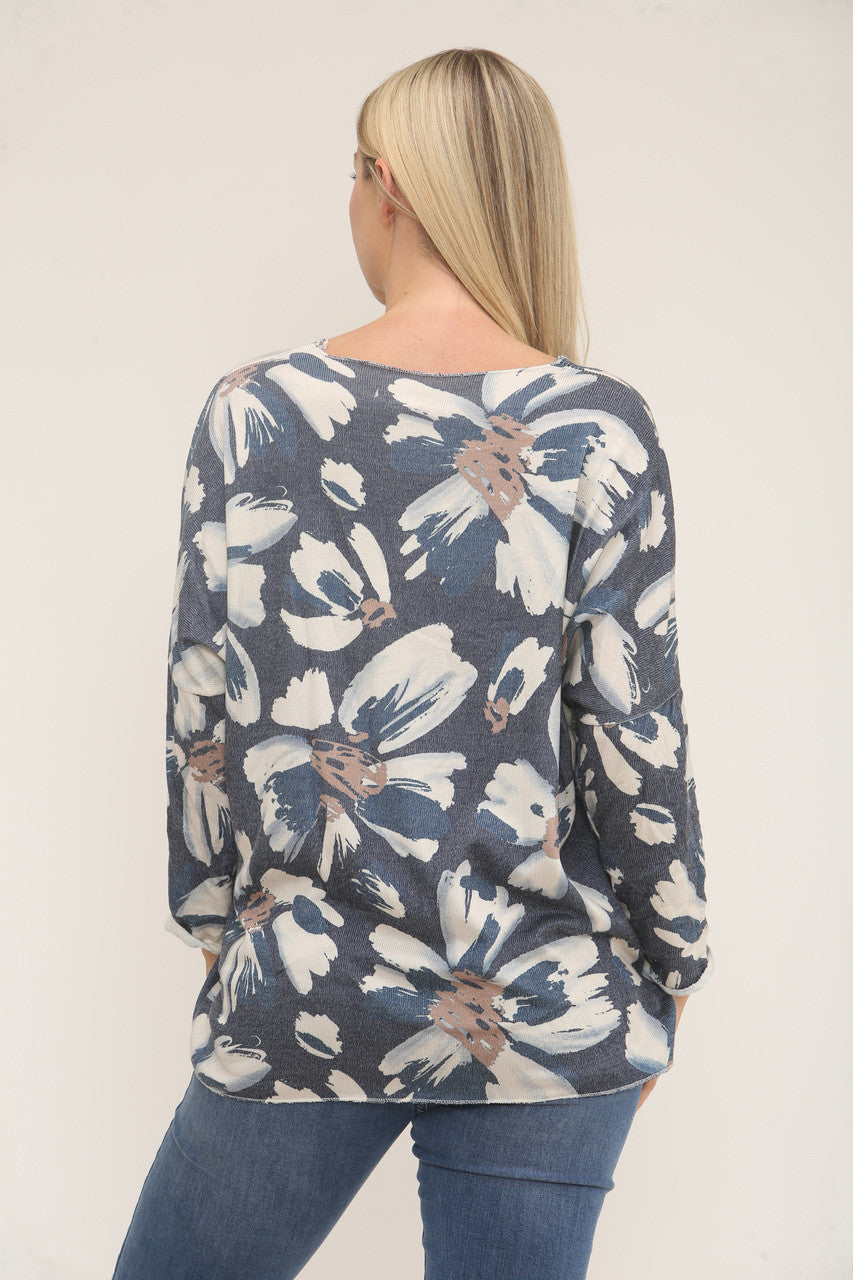 FLORALE BLOEMENPRINT TRUI - MARINEBLAUW