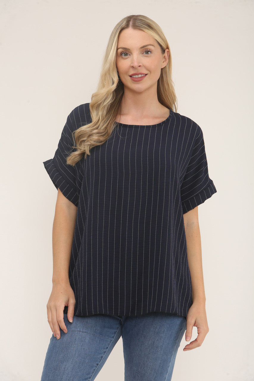 PINSTRIPE PRINT TOP - NAVY