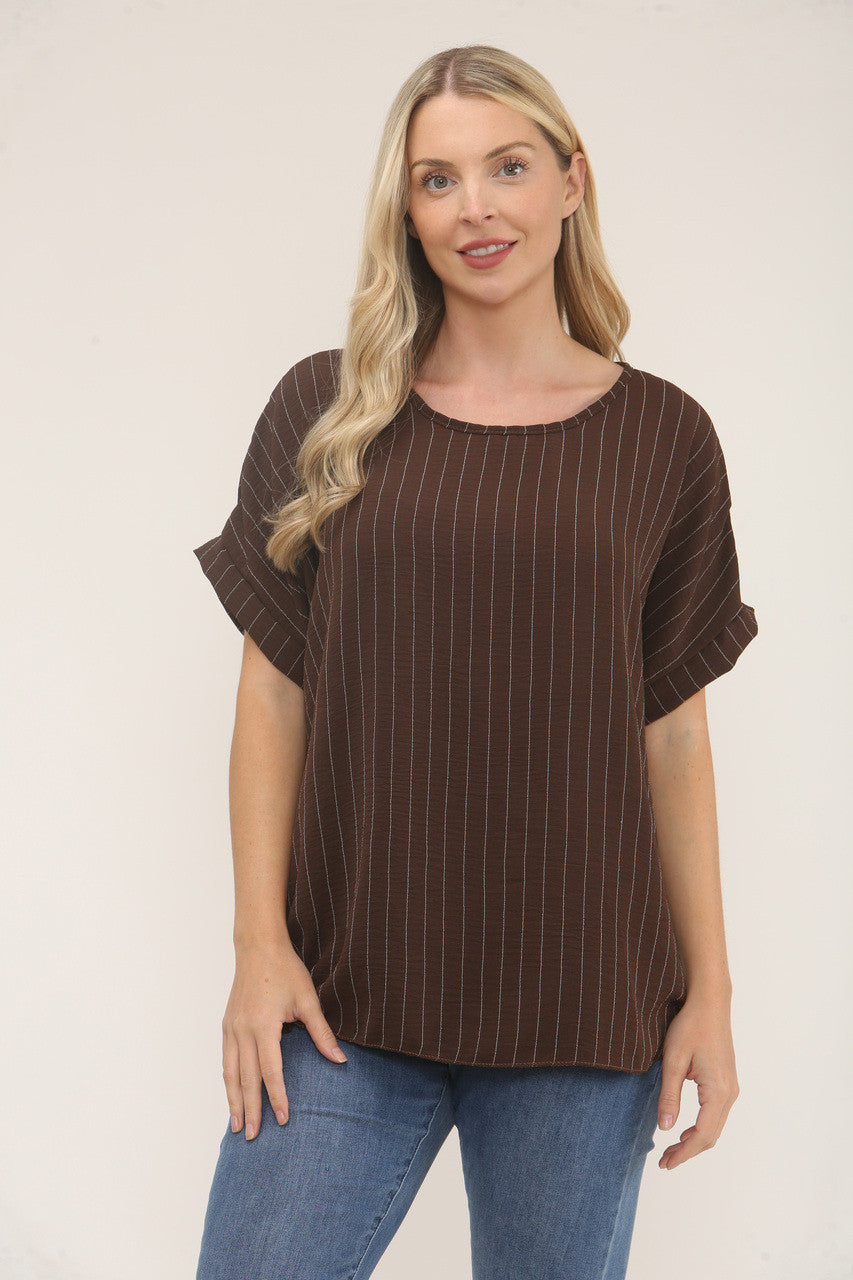 PINSTRIPE PRINT TOP - BROWN