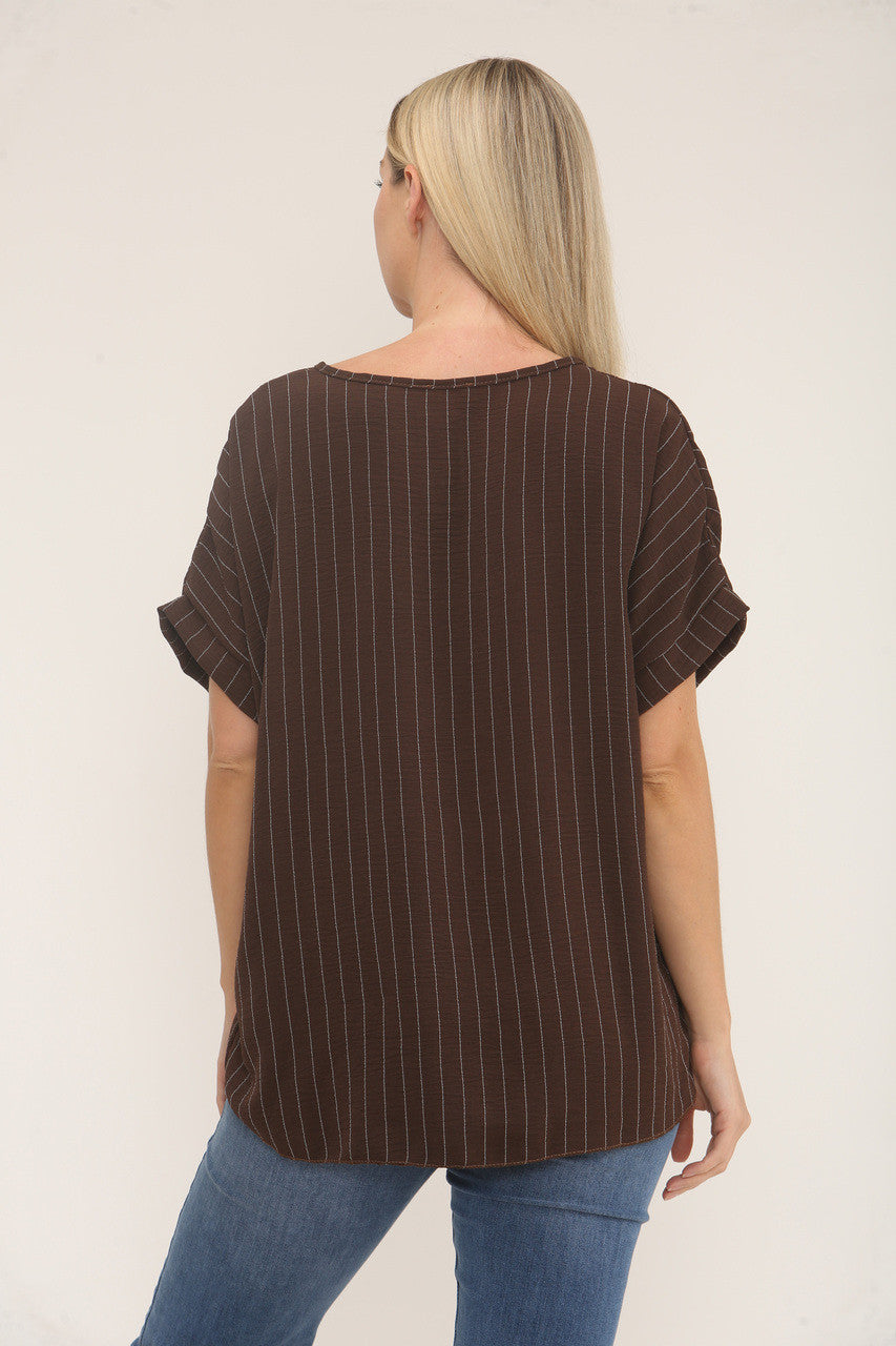 PINSTRIPE PRINT TOP - BROWN