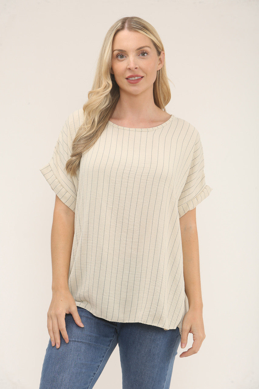 PINSTRIPE PRINT TOP - BEIGE
