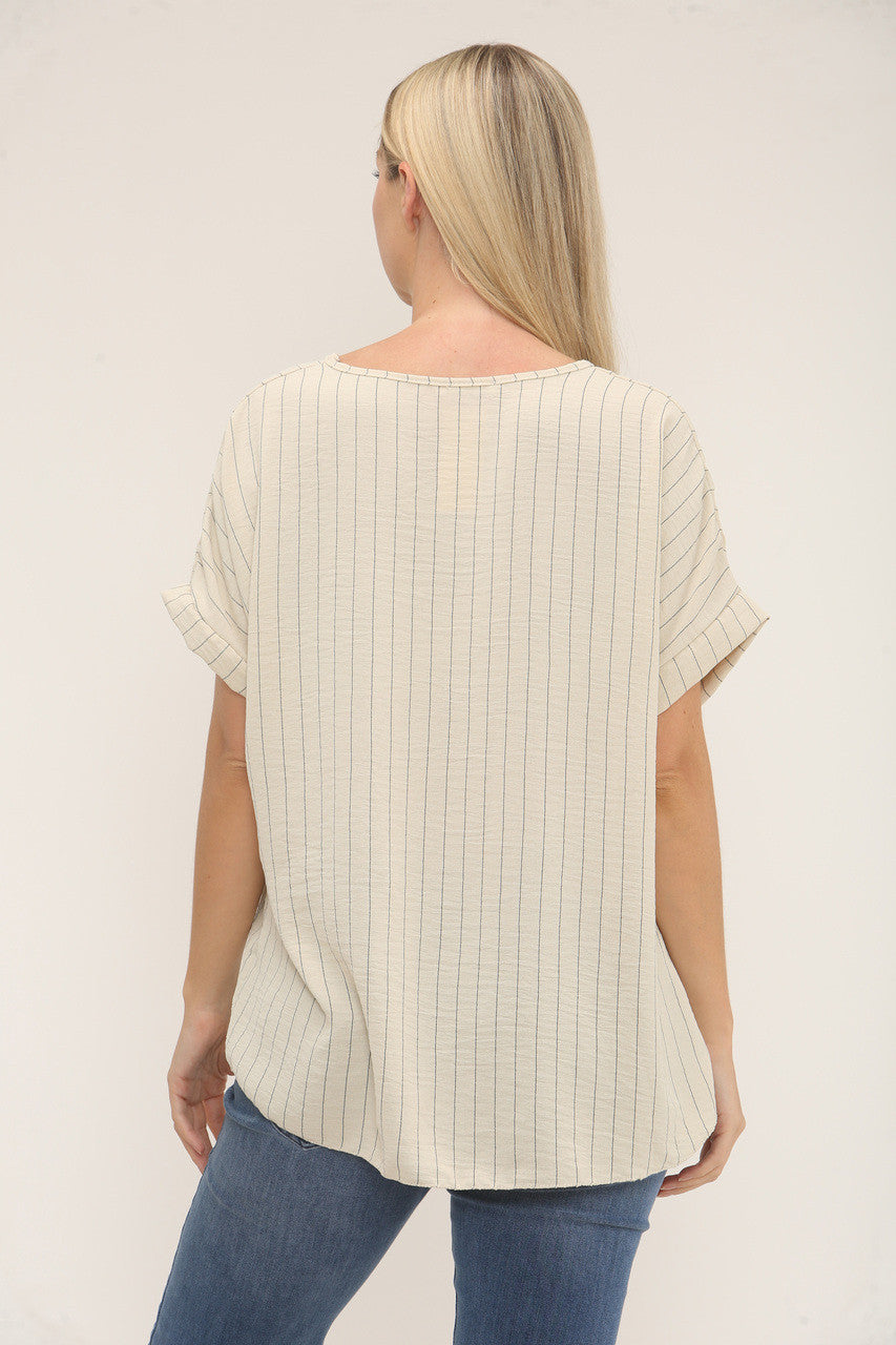 PINSTRIPE PRINT TOP - BEIGE