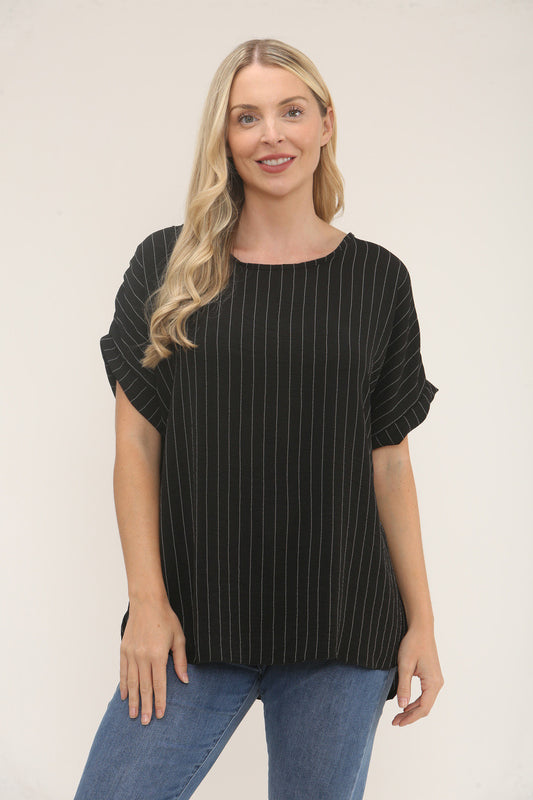 TOP MET PINSTRIPE PRINT - ZWART