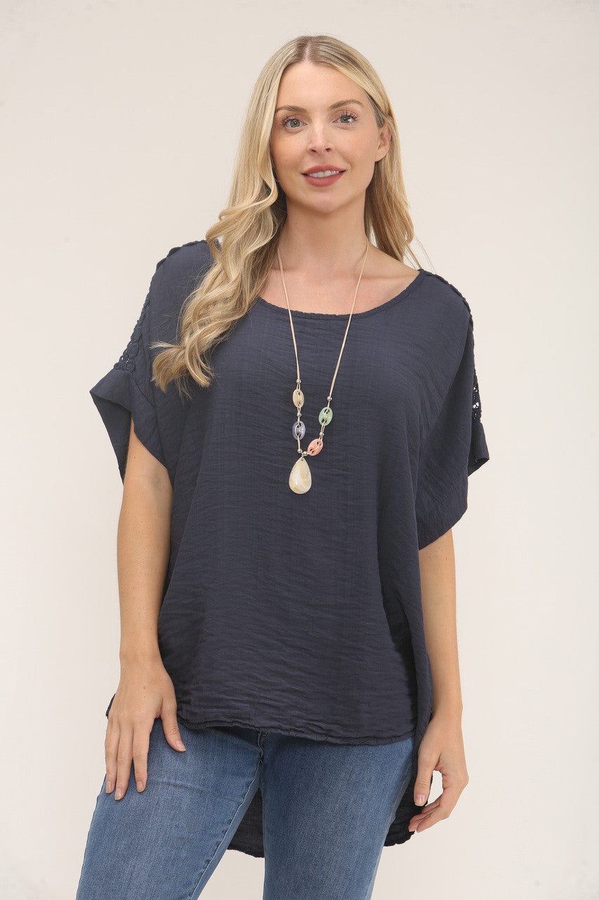 GEHAAKTE TOP MET TEXTUUR EN MOUWEN - MARINEBLAUW