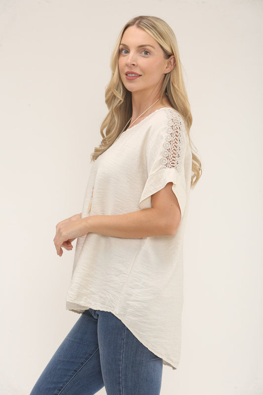 CROCHET SLEEVE TEXTURED TOP - SOFT BEIGE