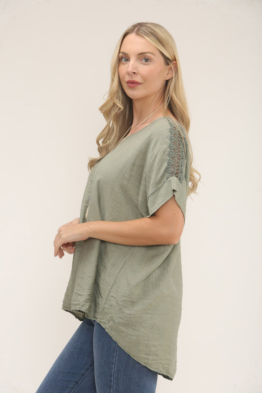 CROCHET SLEEVE TEXTURED TOP - KHAKI