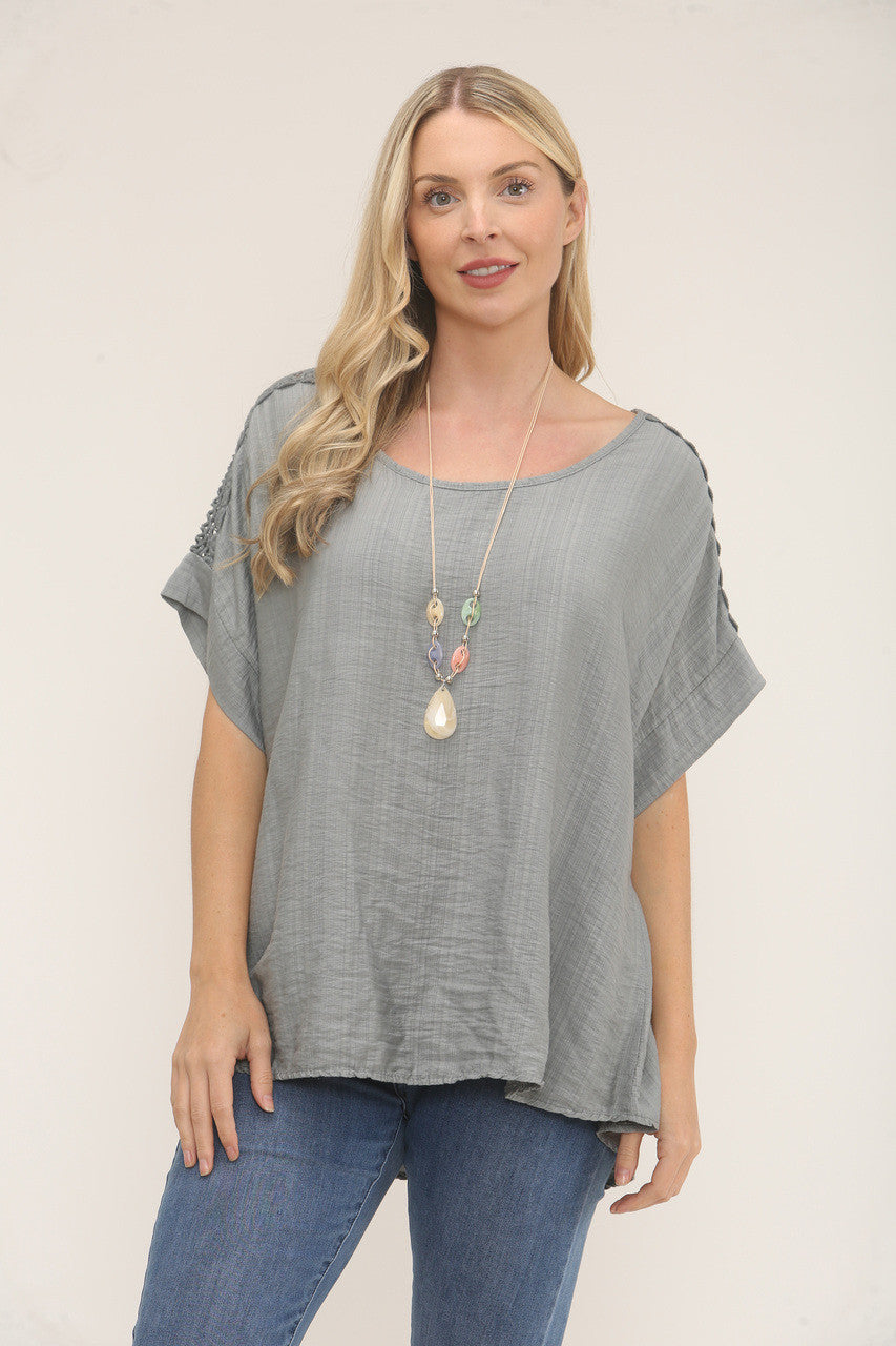 CROCHET SLEEVE TEXTURED TOP - STEEL GREY