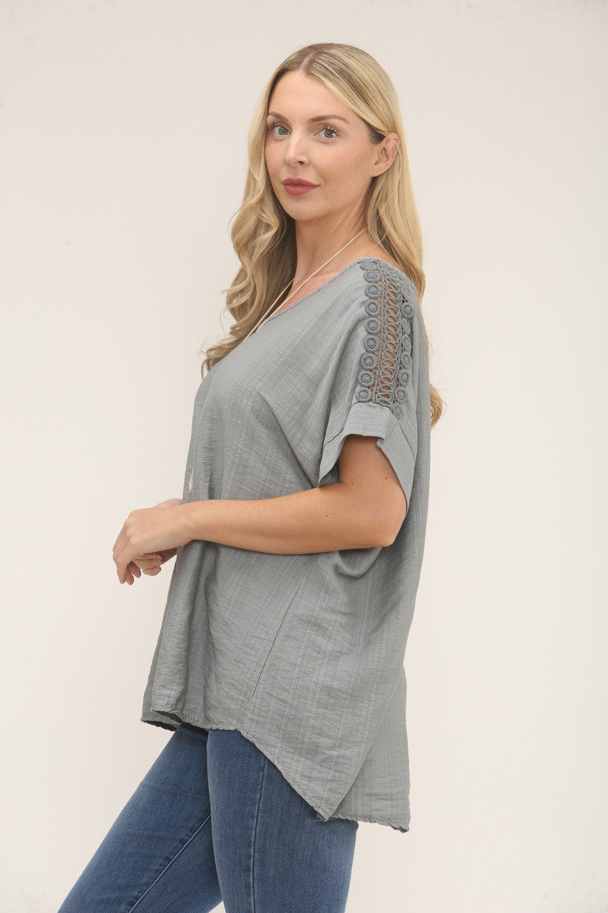 CROCHET SLEEVE TEXTURED TOP - STEEL GREY