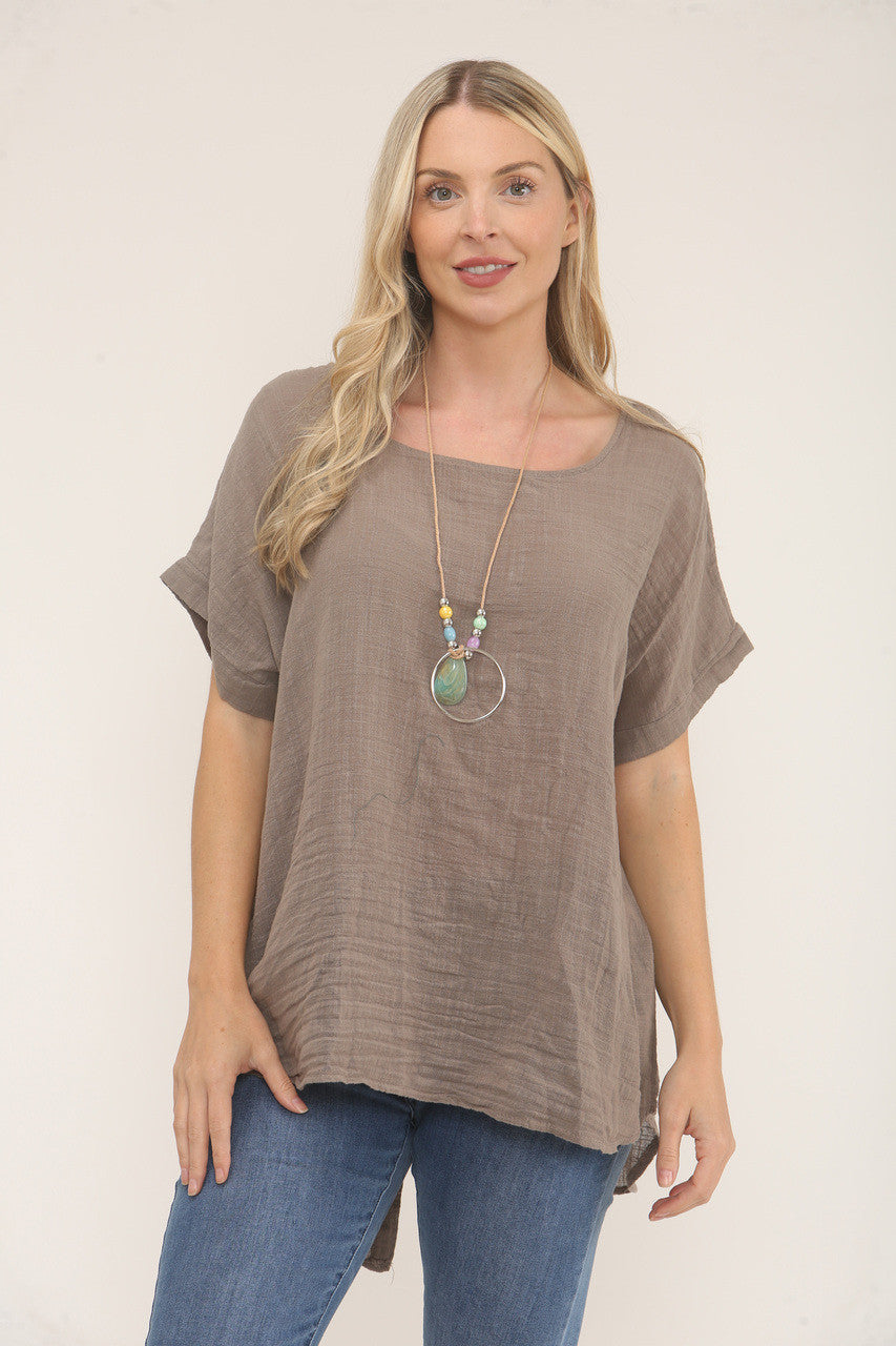 BUTTON BACK DETAIL TOP WITH NECKLACE TAUPE