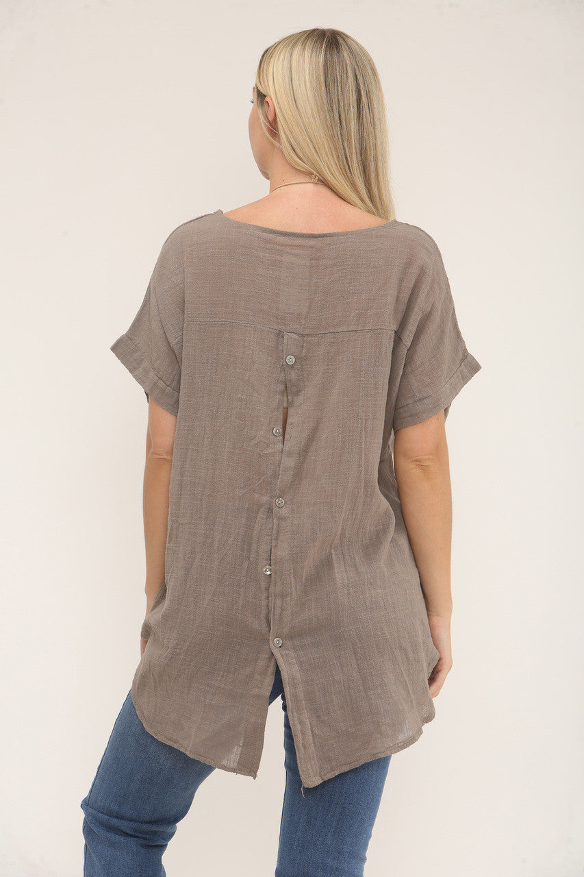 BUTTON BACK DETAIL TOP WITH NECKLACE TAUPE