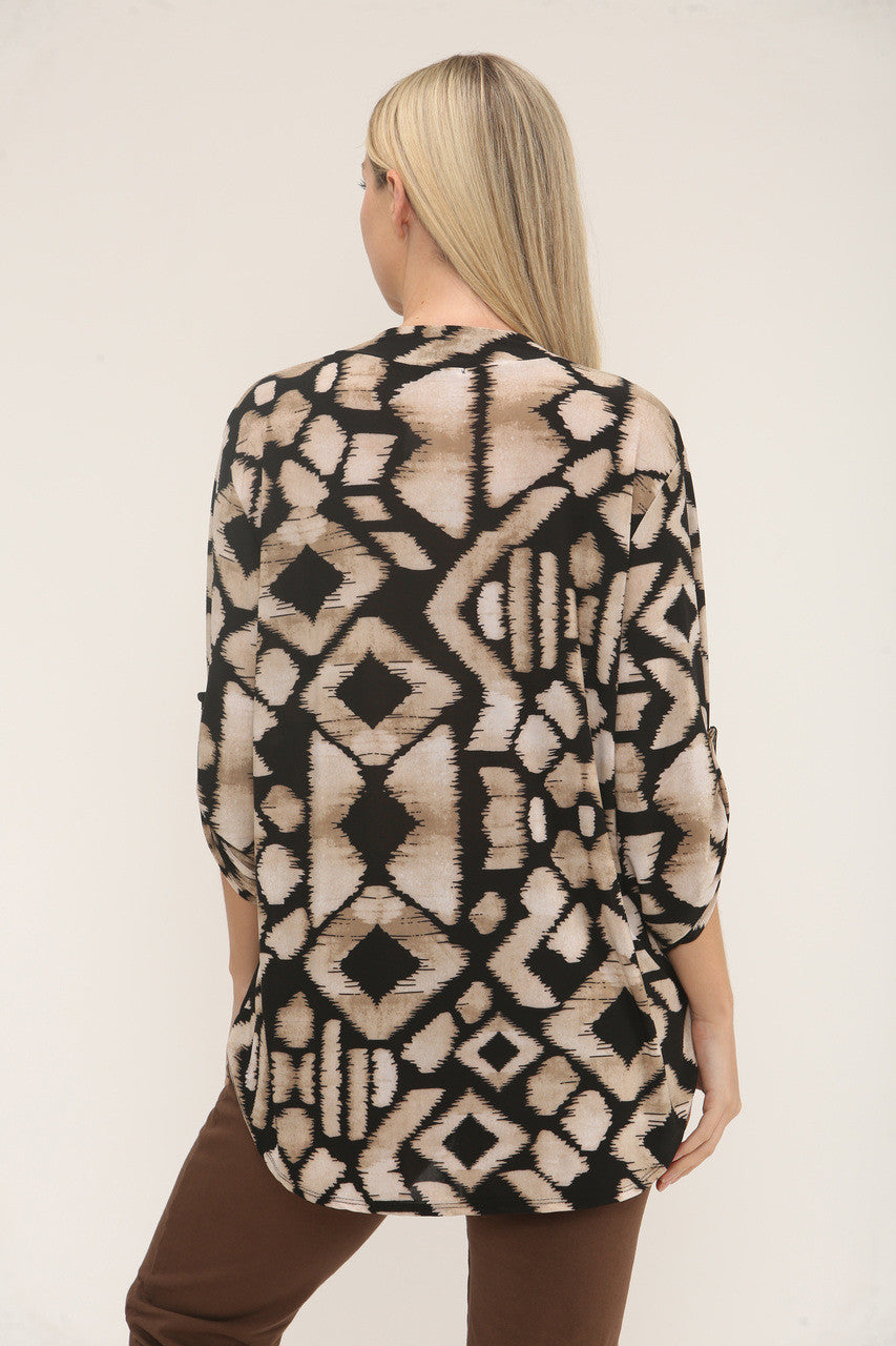 BLOUSE MET AZTEC-PRINT EN SLINKY V-HALS - ZWART