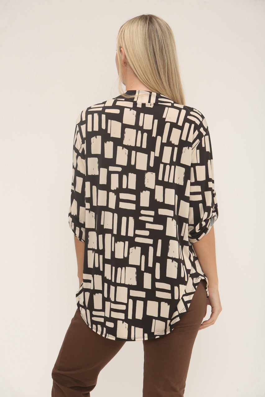 GEOMETRISCHE VIERKANTEN PRINT SLINKY V-HALS BLOUSE - ZWART