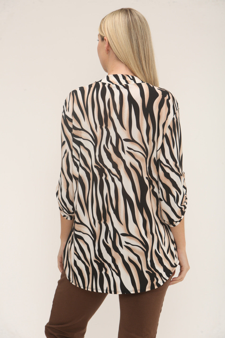 TIJGERPRINT SLINKY V-HALS BLOUSE - ZWART