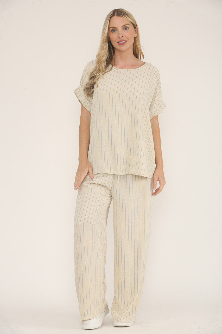 PINSTRIPE PRINT TOP & TROUSERS SET- STONE