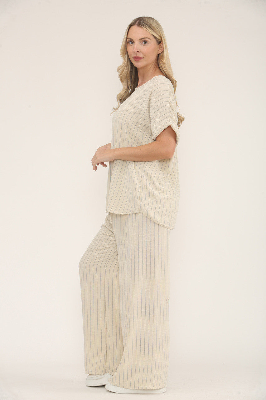 PINSTRIPE PRINT TOP & TROUSERS SET- STONE