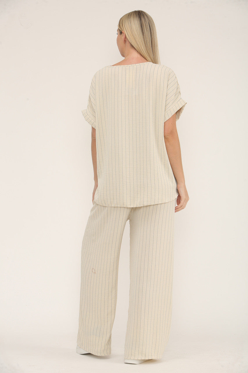 PINSTRIPE PRINT TOP & TROUSERS SET- STONE