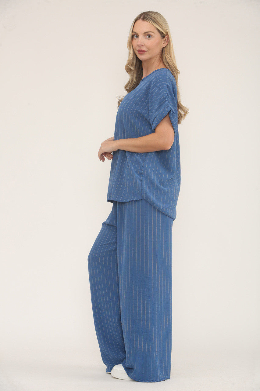 PINSTRIPE PRINT TOP & BROEK SET - DENIM